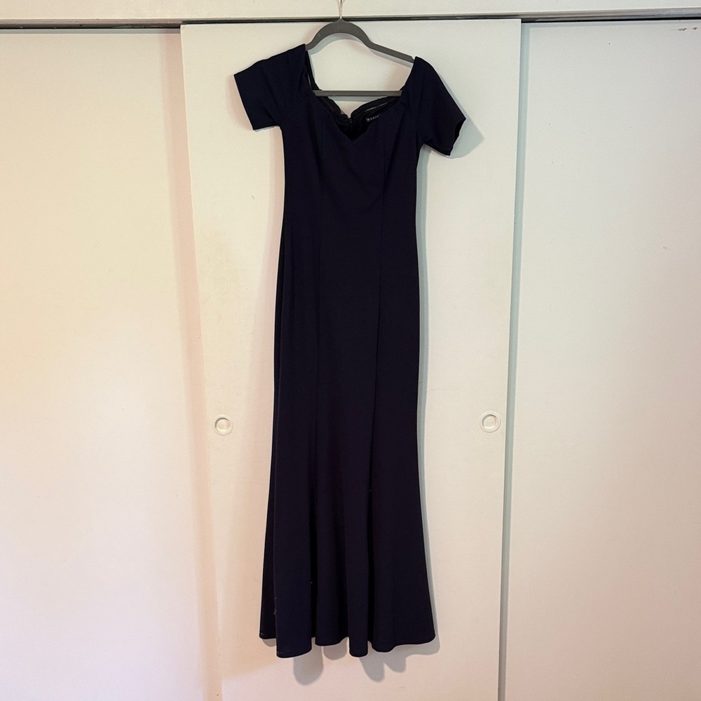 MARINA Navy off the shoulder maxi dress